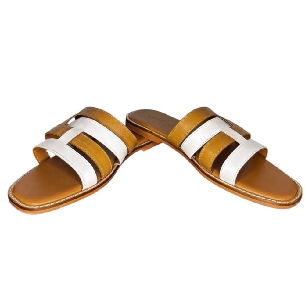 Crevo Catalina Leather H Slide Sandals Tan White Slip On Flat Sz 9.5